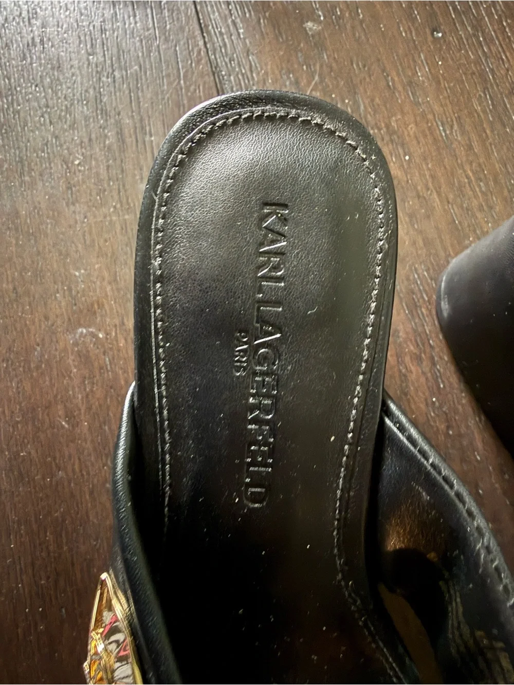 Karl Lagerfeld Black Platform Slide Sandals with Gold Accent Size 5.5 fits 6